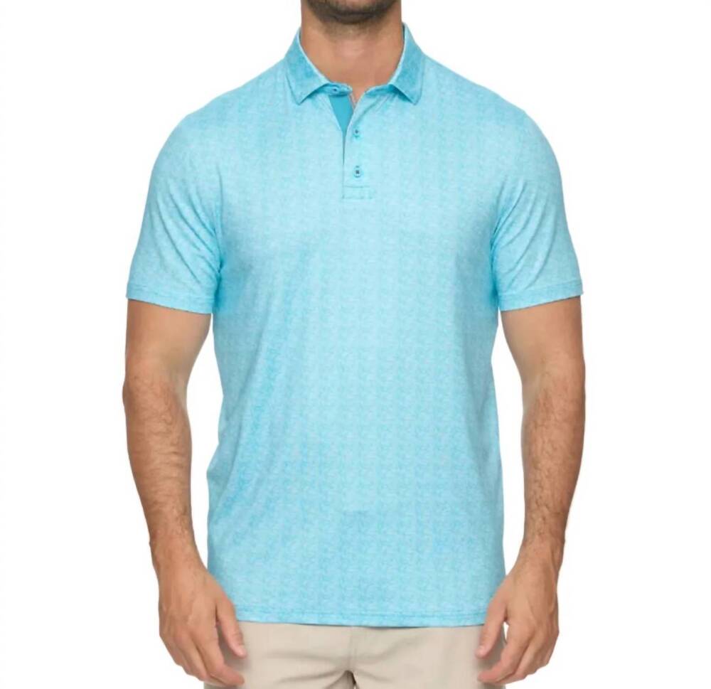 NEW FLAGS & ANTHEM cloverdale leaf print performance polo in aqua combo